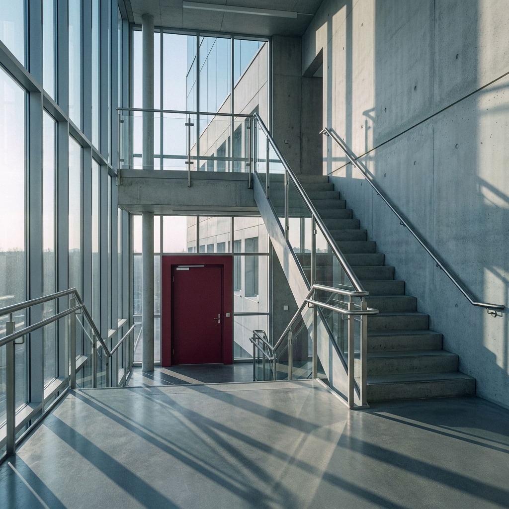 Moodboard: leeres Treppenhaus und Glasfront im Morgenstreiflicht